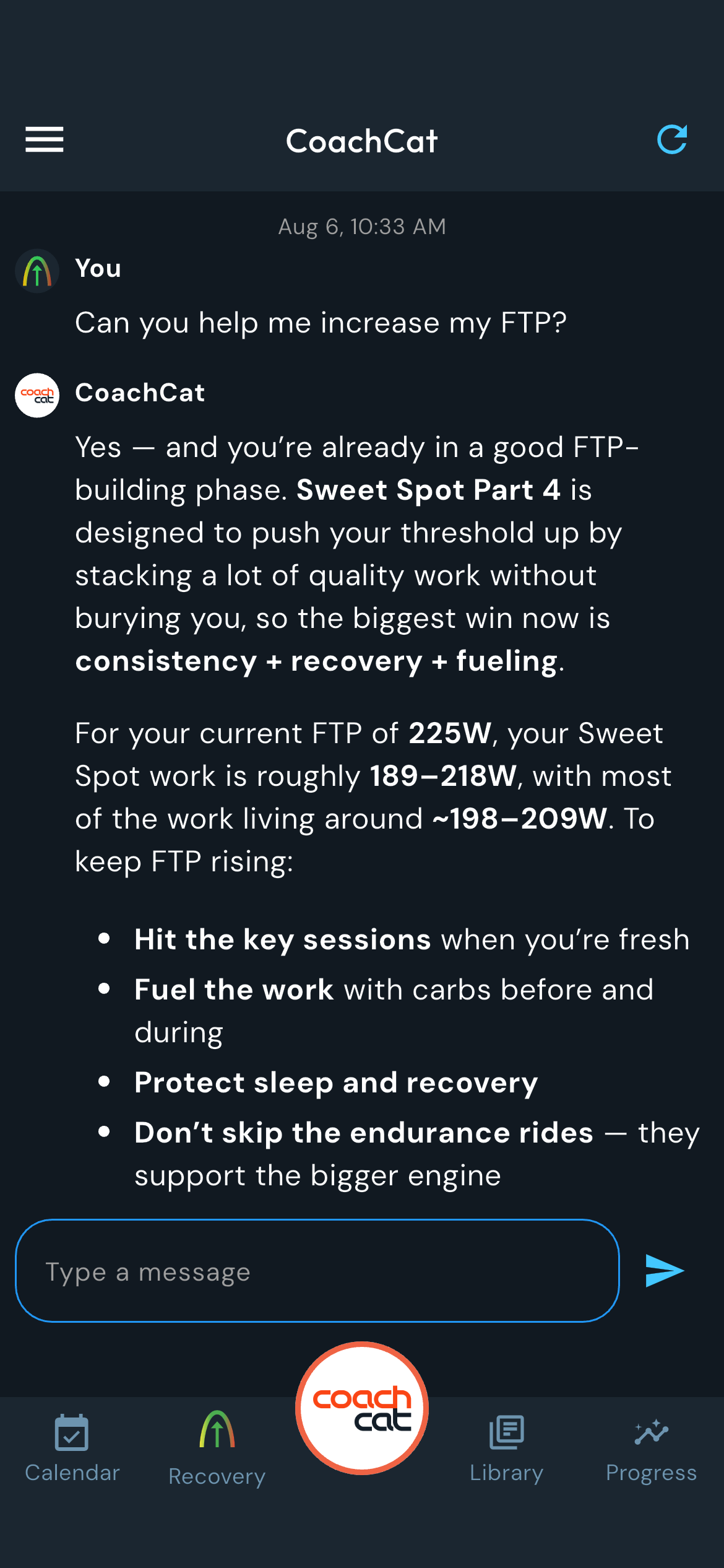 CoachCat chat answering a rider's question about how to increase their FTP, with specific Sweet Spot power targets and guidance
