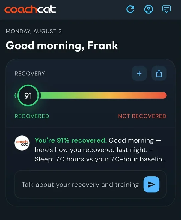 Morning recovery score of 91 percent with a note from CoachCat