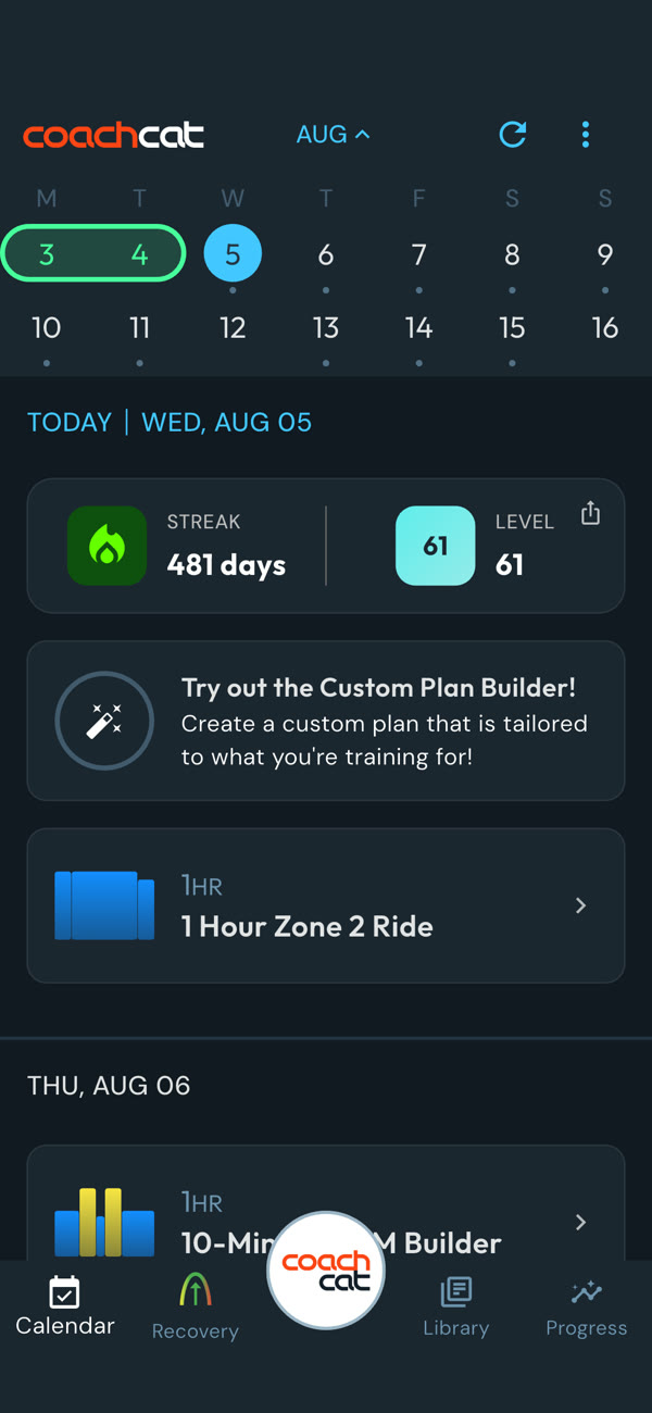 CoachCat 4.0 calendar: a 481 day training streak, Level 61, the Custom Plan Builder, and a 1 hour Zone 2 ride scheduled for today