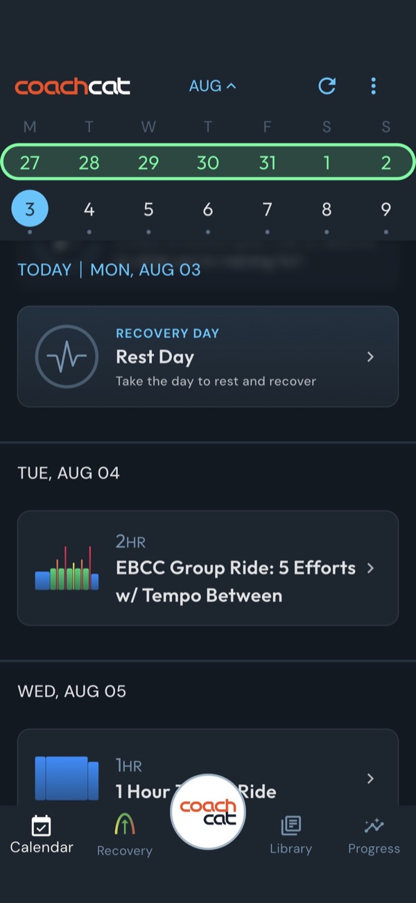 CoachCat training calendar with a rest day and upcoming group ride