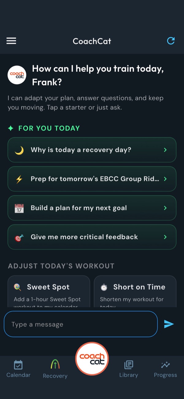 CoachCat chat asking how it can help you train today