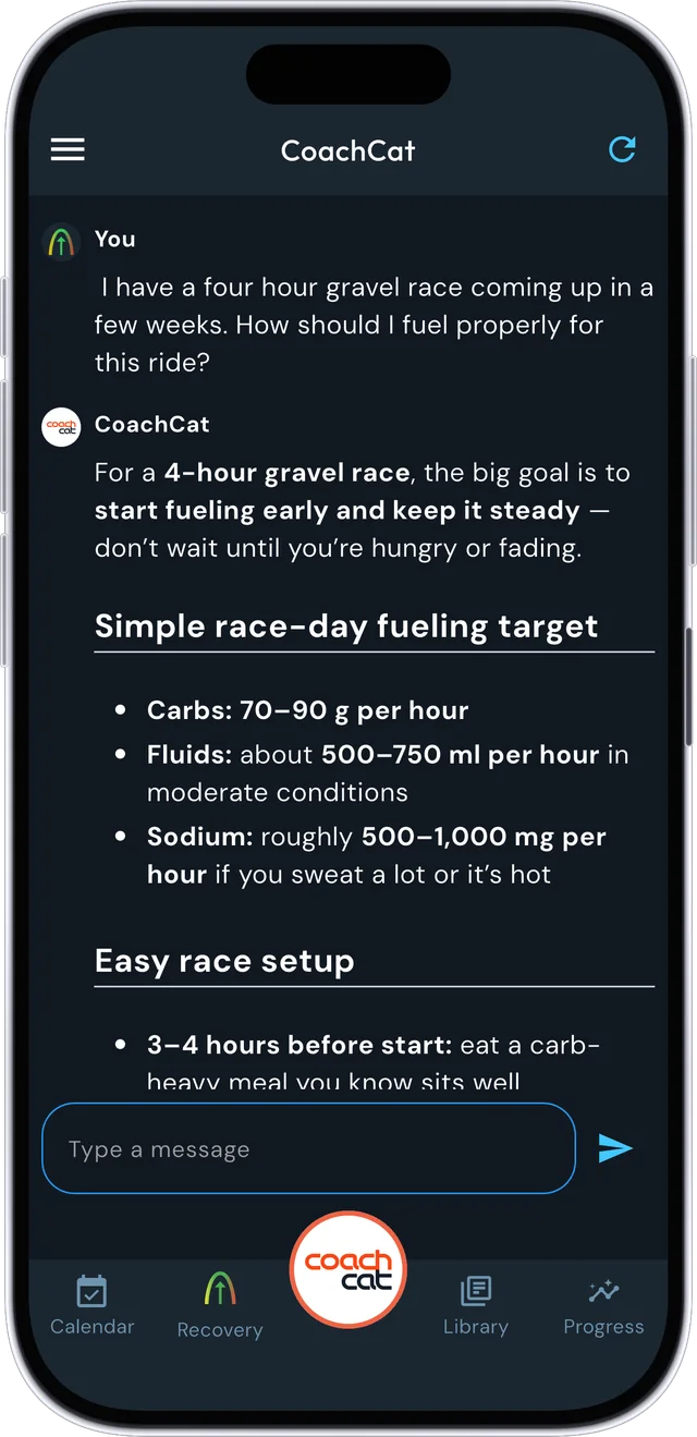 Asking CoachCat how to fuel a four hour gravel race, with a race day fueling target in reply
