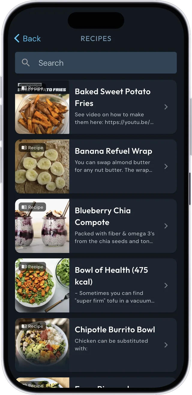 The CoachCat recipe library: Baked Sweet Potato Fries, Banana Refuel Wrap, Blueberry Chia Compote, Bowl of Health, Chipotle Burrito Bowl