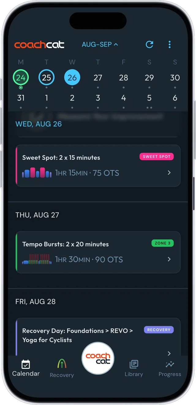 CoachCat calendar with a training plan loaded: Sweet Spot intervals, tempo bursts and a recovery day