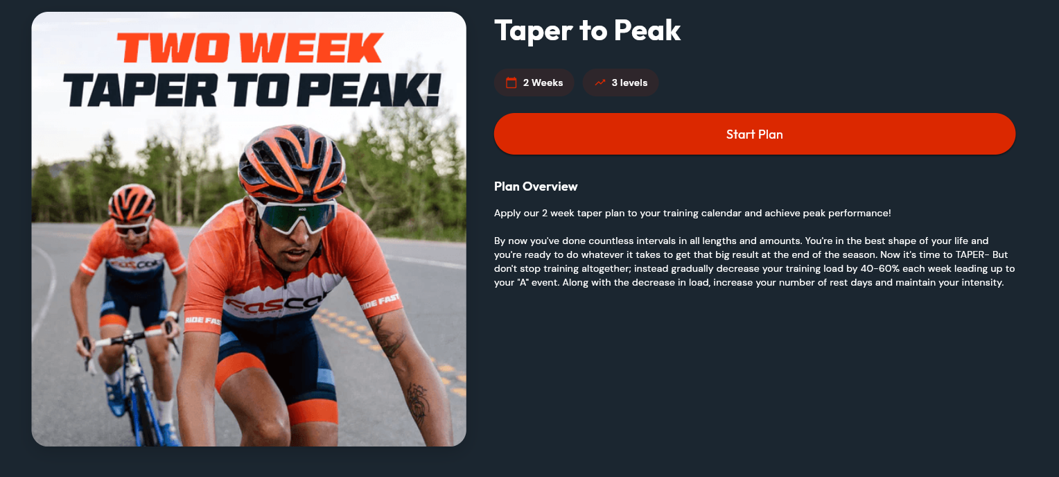 The Two-Week Taper to Peak plan in the CoachCat app, showing a 2 week, 3 level plan with a Start Plan button