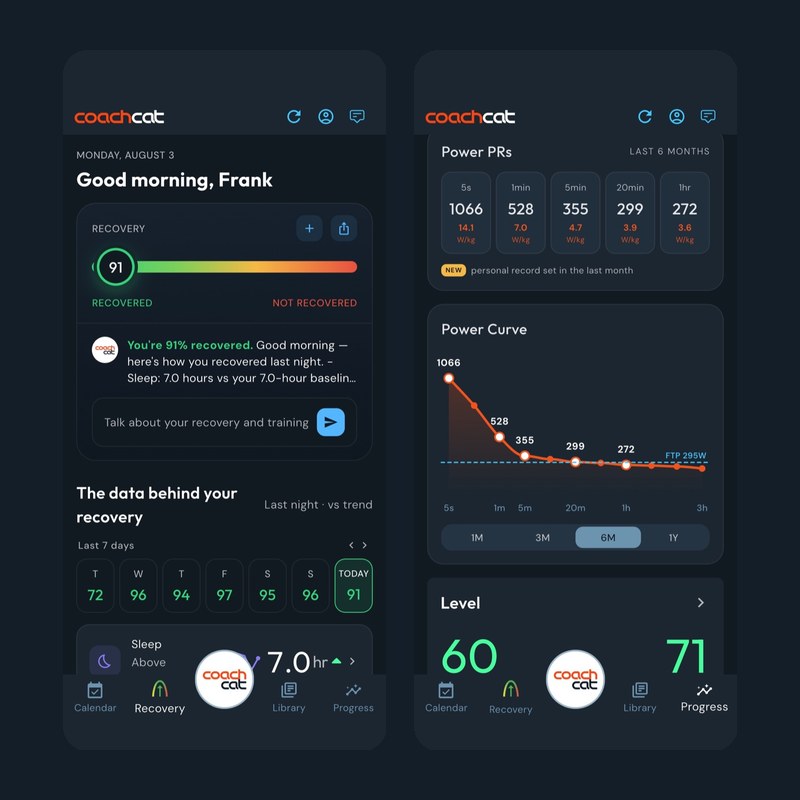 CoachCat 4.0: the new Recovery screen and Progress tab with Power PRs
