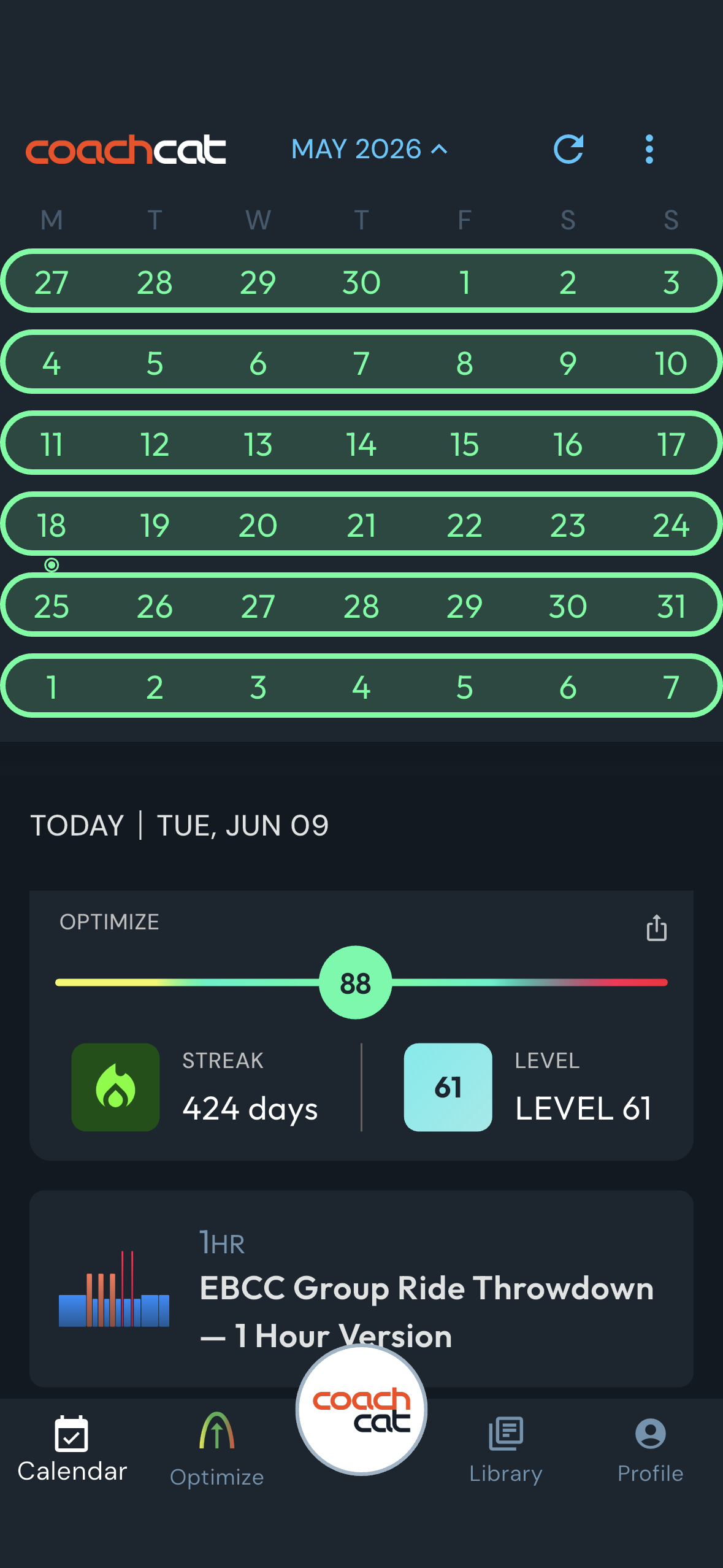 CoachCat consistency calendar showing a streak of all-green training days