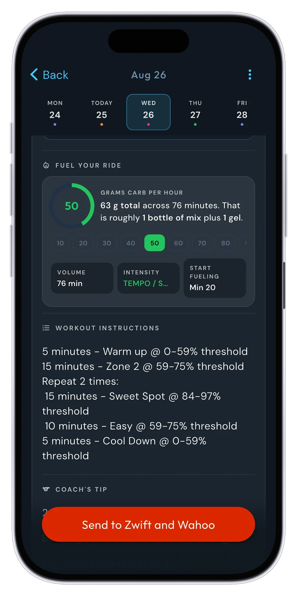 iPhone showing the CoachCat Fuel Your Ride card: 50 grams of carb per hour, 63 grams total across 76 minutes, roughly 1 bottle of mix plus 1 gel, with volume, intensity, and when to start fueling above the workout instructions