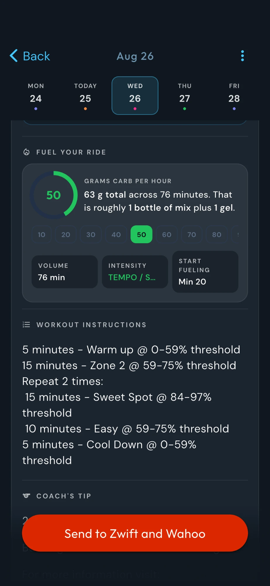 CoachCat Fuel Your Ride card showing 50 grams of carb per hour, 63 grams total across 76 minutes, roughly 1 bottle of mix plus 1 gel, with volume, intensity, and when to start fueling