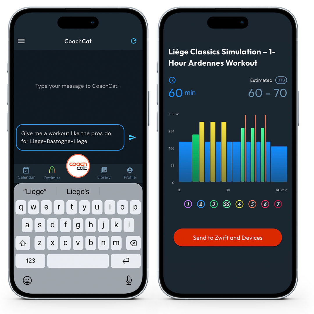 CoachCat creating a Liège Classics Simulation workout on mobile