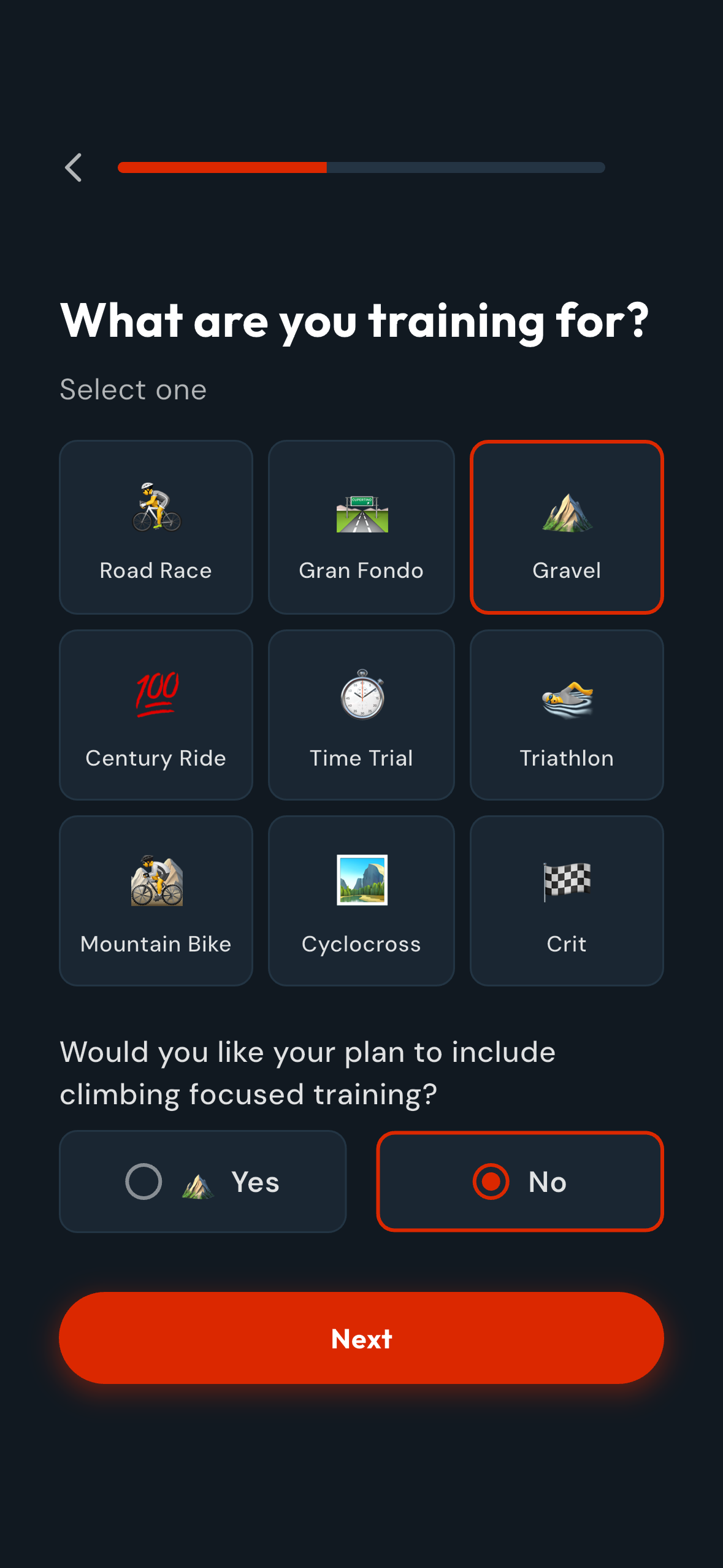 CoachCat custom plan builder Question 2: What are you training for? Select one. Options shown: Road Race, Gran Fondo, Gravel (selected), Century Ride, Time Trial, Triathlon, Mountain Bike, Cyclocross, Crit. Below: 'Would you like your plan to include climbing focused training?' with No selected