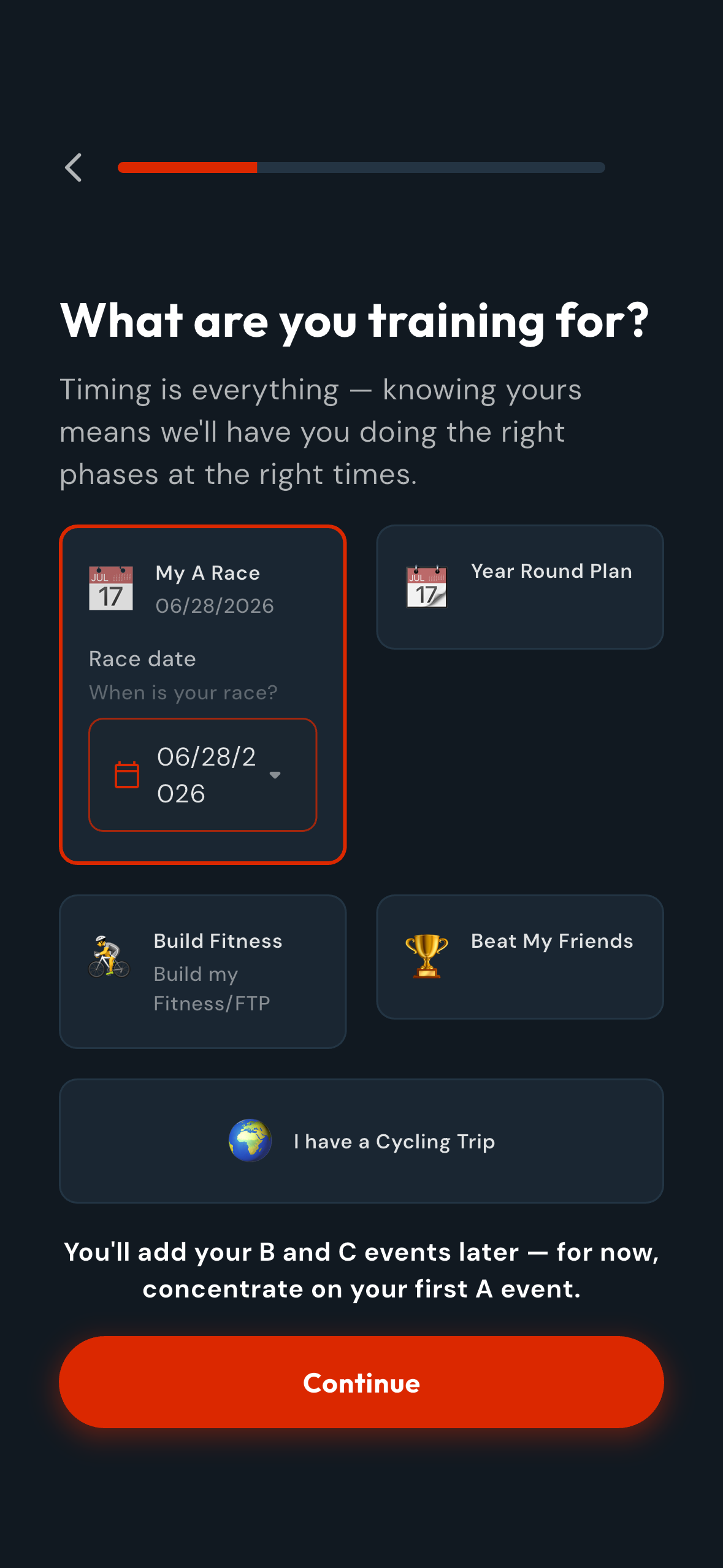 CoachCat custom plan builder Question 3: What are you training for? My A Race selected with race date picker showing 06/28/2026, plus Year Round Plan, Build Fitness, Beat My Friends, and I have a Cycling Trip options