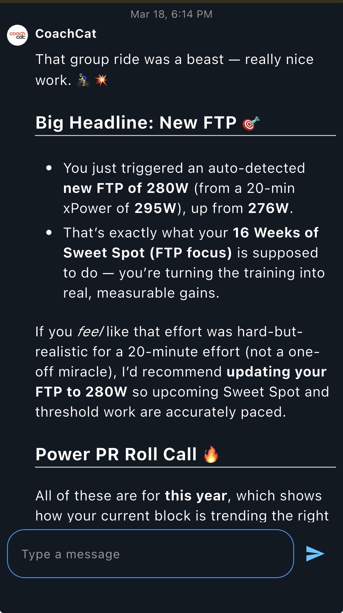 CoachCat chat detecting a new FTP of 280W from a 20-minute xPower of 295W, up from 276W