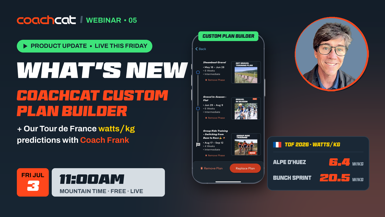 CoachCat Webinar 05 — What's New: CoachCat Custom Plan Builder, plus Tour de France watts/kg predictions with Coach Frank. Live Friday, July 3 at 11:00am Mountain Time, free.