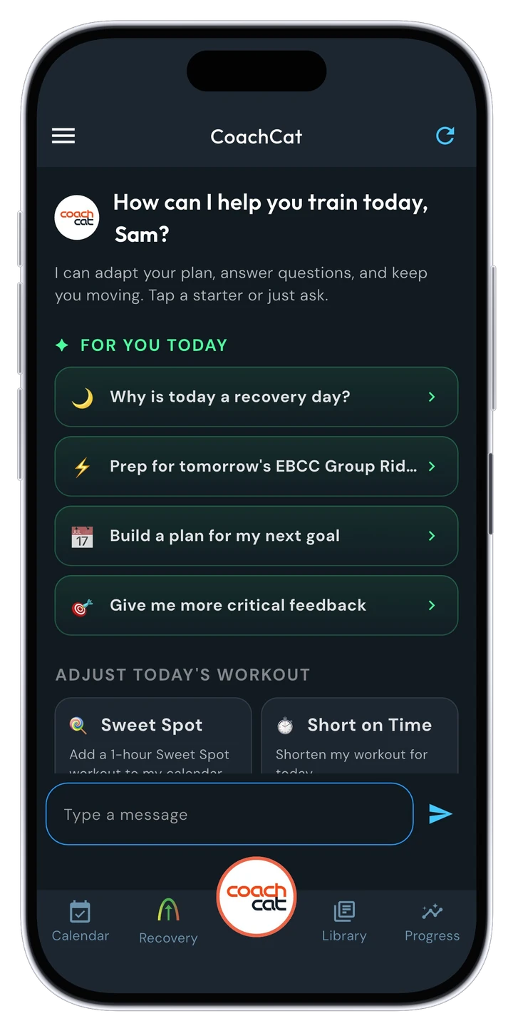 CoachCat chat screen with daily conversation starters and one tap workout changes