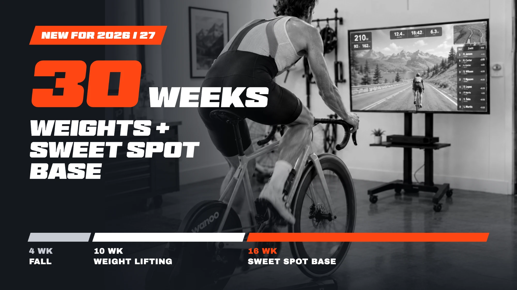 New for 2026/27: 30 weeks of weights plus Sweet Spot base, 4 weeks of fall riding, 10 weeks of weight lifting, then 16 weeks of Sweet Spot base