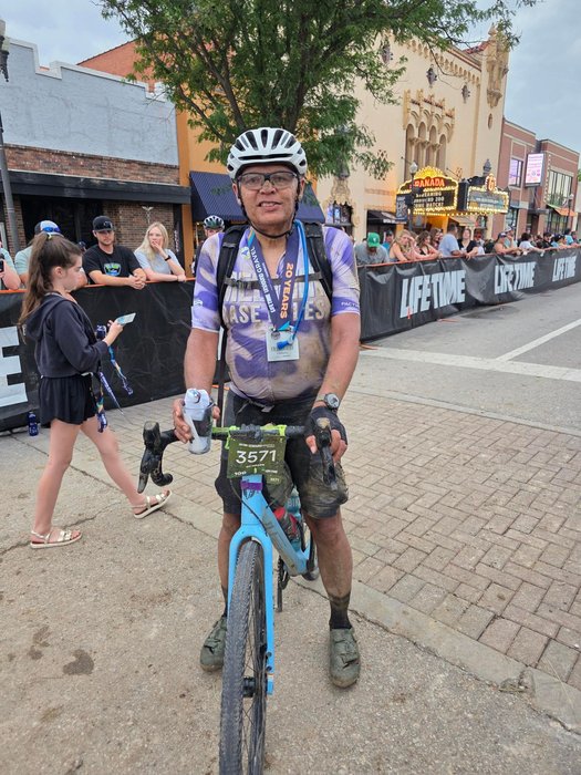 Ed Meade, FasCat member, at the finish of Unbound Gravel