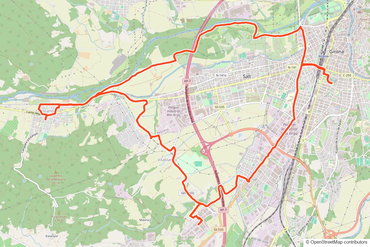 Map of the Day 1 route: a short loop on the Ter river greenways west of Girona