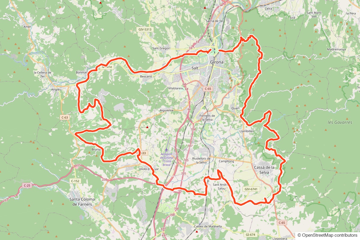 Map of the Day 3 route: the full Traka 100 race course through the Gavarres