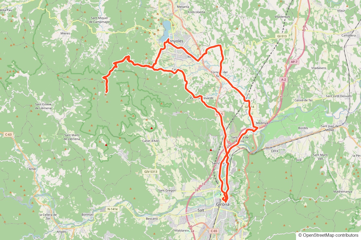 Map of the Day 4 route: north from Girona around Lake Banyoles and up Rocacorba
