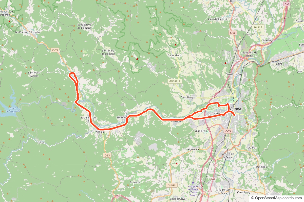 Map of the Day 5 route: the Carrilet rail-trail greenway up the Ter valley to Amer and back