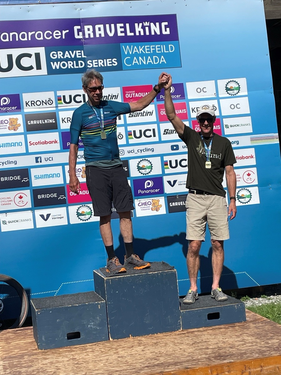 Gordon on the podium at the Panaracer Gravelking UCI Gravel World Series in Wakefield, Canada