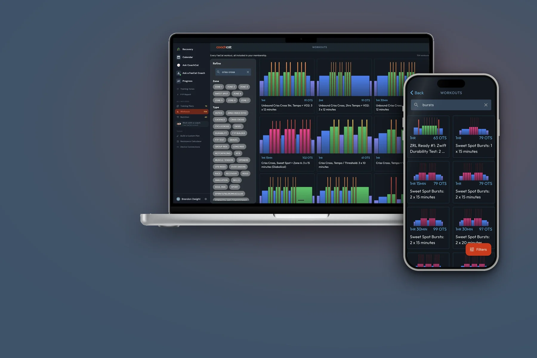 The CoachCat workout library on a MacBook showing criss cross workouts, and on an iPhone showing sweet spot bursts