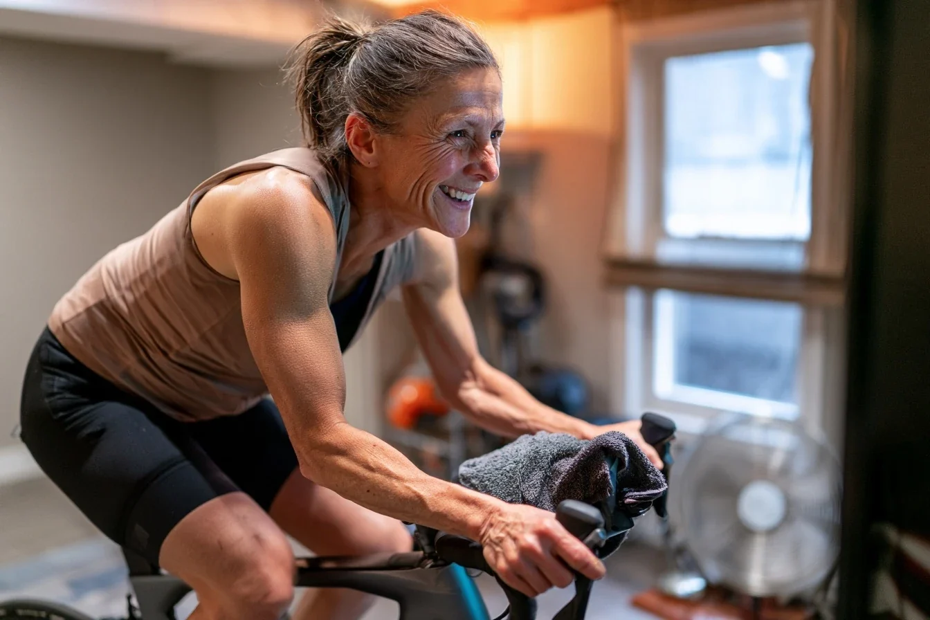 A smiling rider on an indoor trainer next to a window on a grey winter morning, with a towel on the bars and a fan beside her