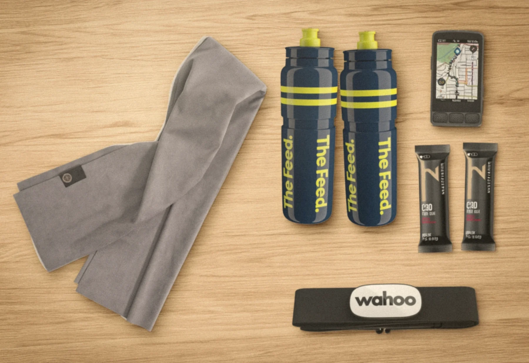 Indoor ride gear laid out on a wooden floor: a towel, two water bottles, a bike computer, two energy bars and a heart rate strap