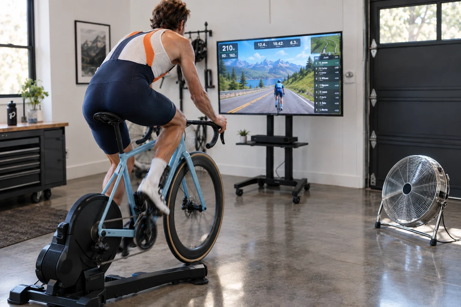 A cyclist riding an indoor trainer in a garage, with Zwift on a big screen and a fan blowing