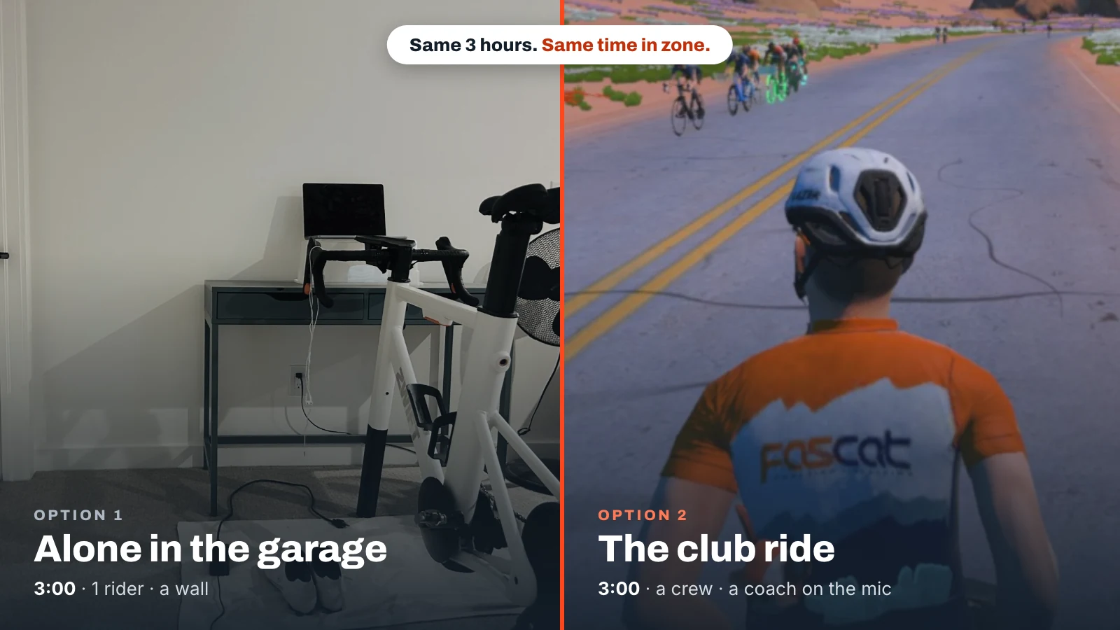 A bike alone in a quiet room next to a FasCat rider on the Zwift club ride chasing the group up the road: same 3 hours, same time in zone