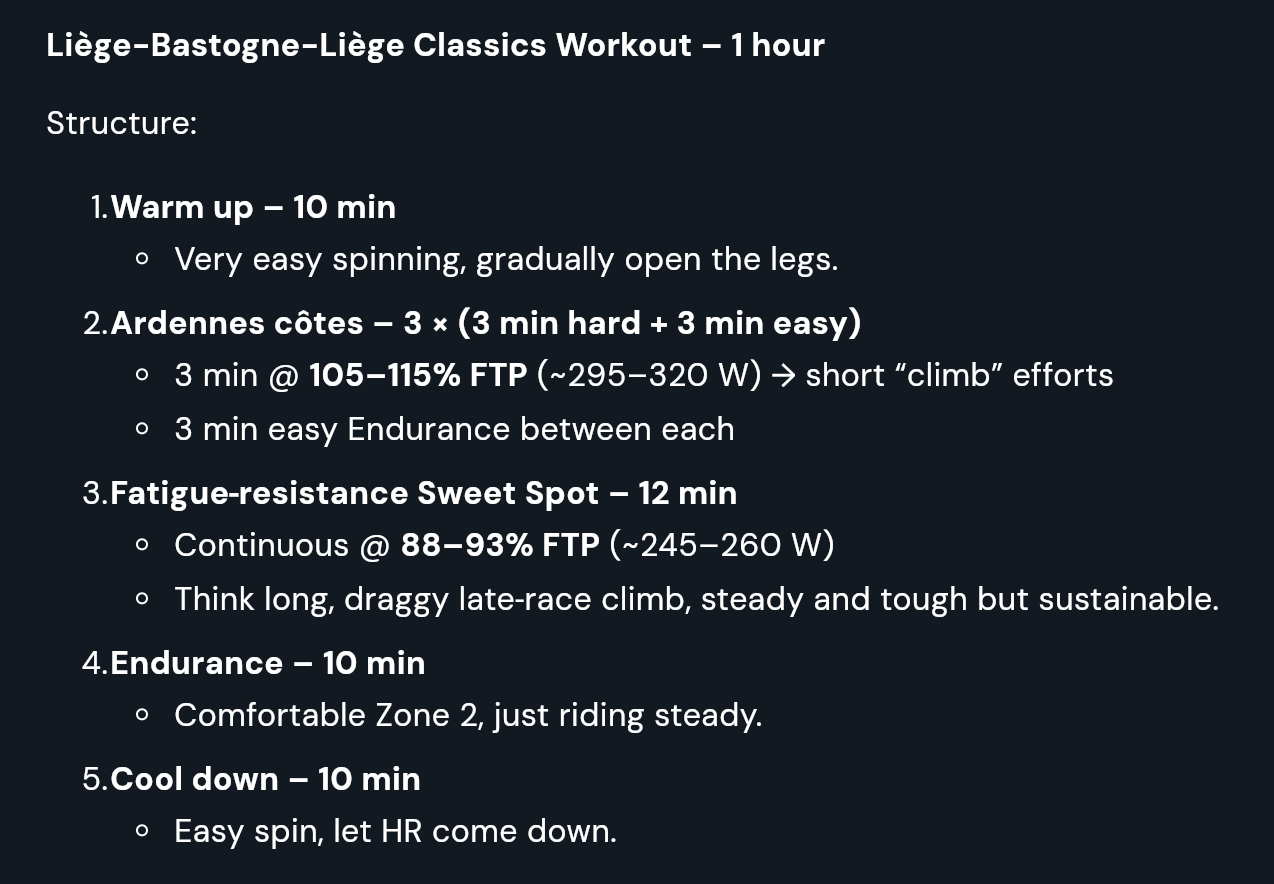 Liège-Bastogne-Liège workout structure breakdown