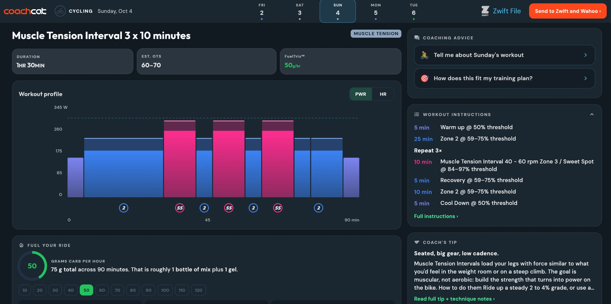 The Muscle Tension Interval 3 x 10 minutes workout in CoachCat: a 90 minute ride with three 10 minute intervals at 40 to 60 rpm in Zone 3 to Sweet Spot, 84 to 97% of threshold, with 5 minutes of recovery between each