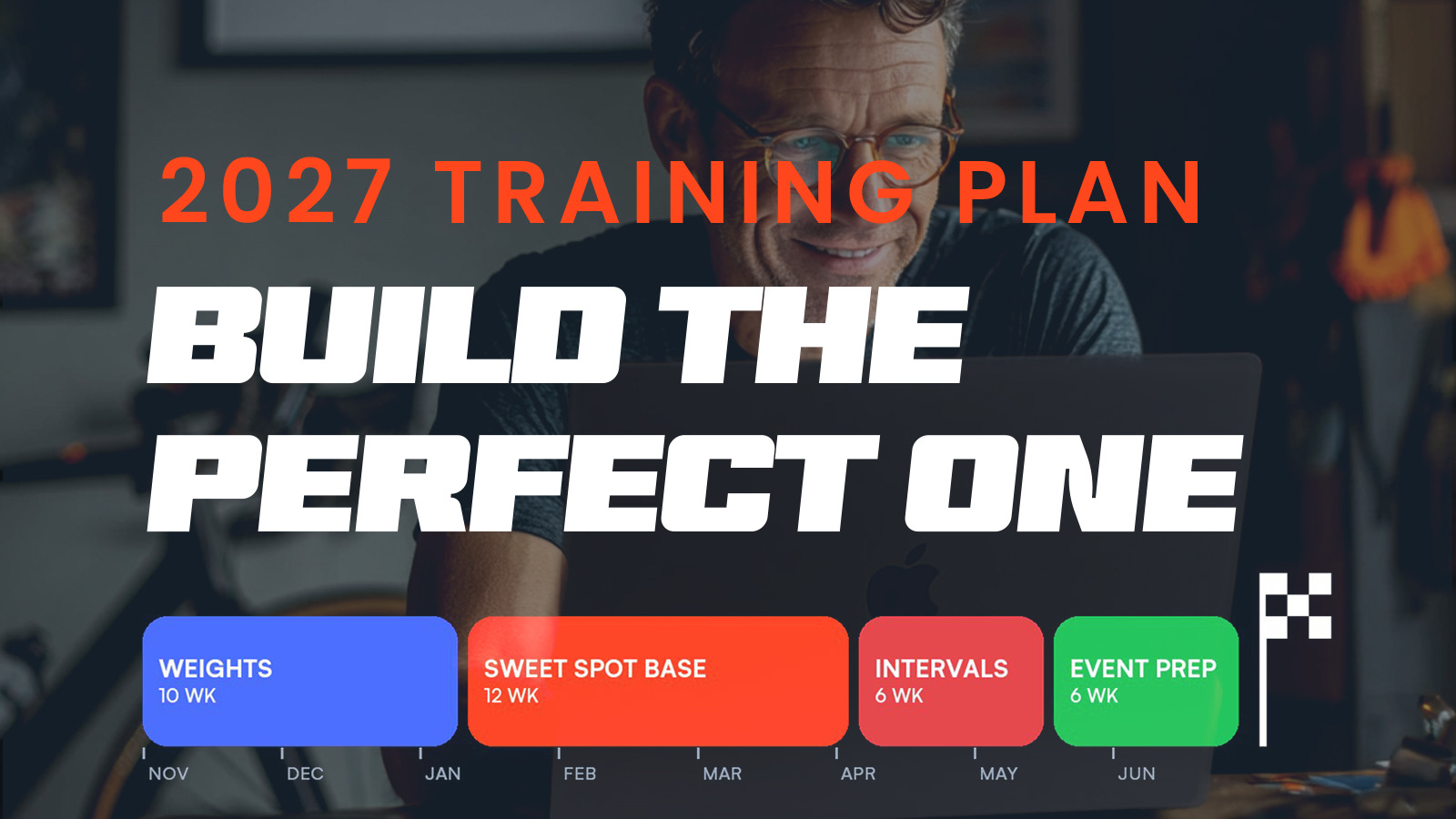 2027 Training Plan: Build the Perfect One. A rider smiling at his laptop behind a season bar of four phases, Weights 10 weeks, Sweet Spot Base 12 weeks, Intervals 6 weeks and Event Prep 6 weeks, ending at a checkered flag on race day