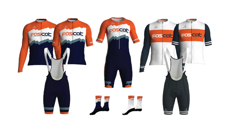 FasCat cycling kit — jerseys, bibs, and socks