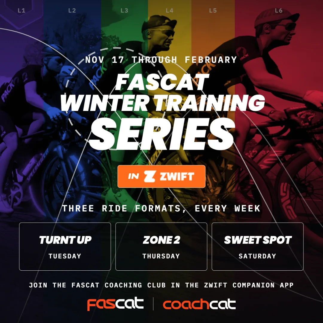 Winter Training Series in Zwift, Nov 17 through February. Three ride formats every week: Turnt Up Tuesday, Zone 2 Thursday, Sweet Spot Saturday. Join the FasCat Coaching Club in the Zwift Companion app.