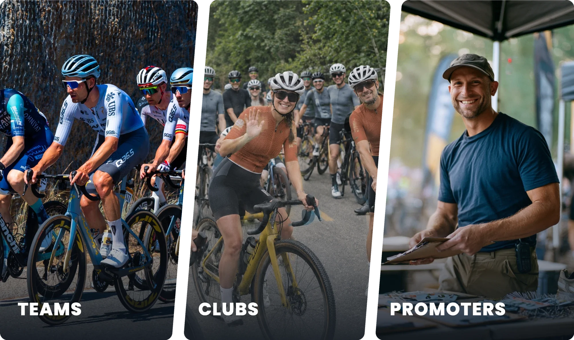 Team racers, a waving club group ride, and a race promoter at the start tent
