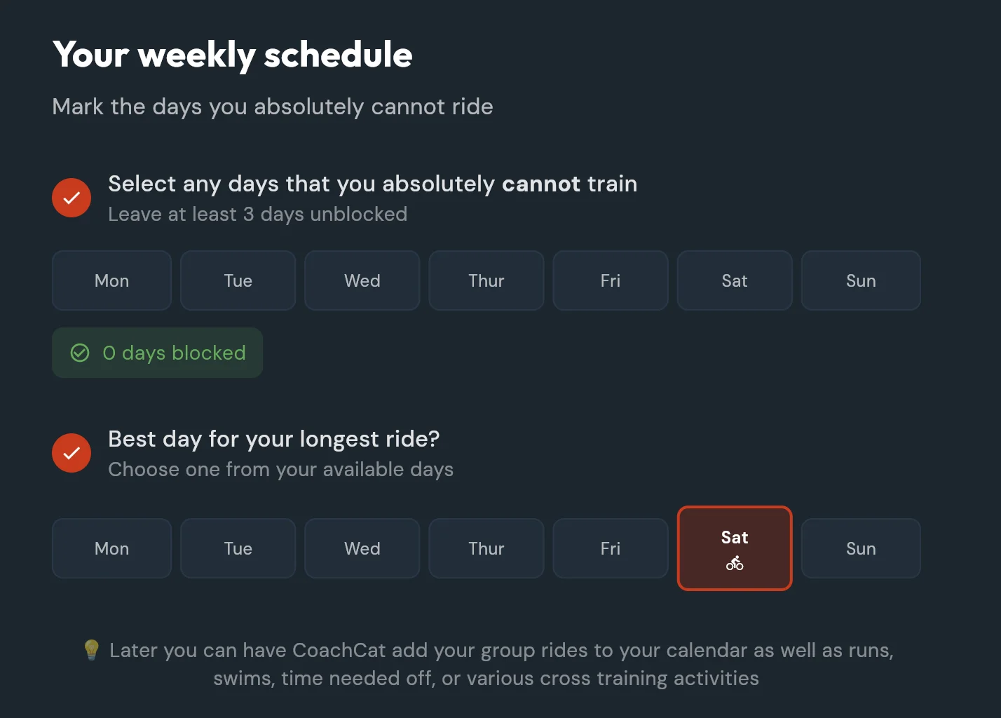 The weekly schedule step in the Custom Plan Builder: mark the days you cannot train, then pick the best day for your longest ride