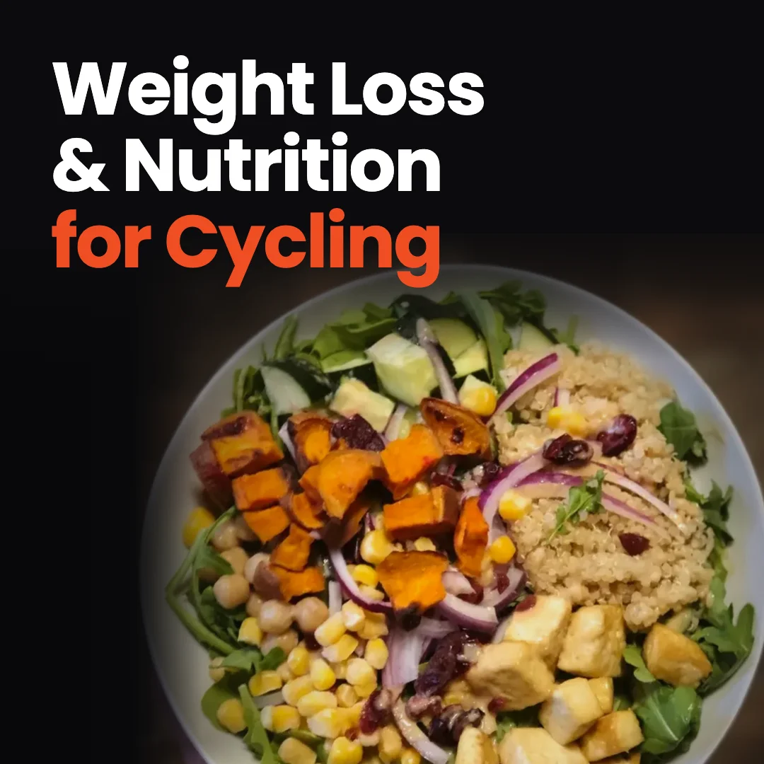 Weight Loss and Nutrition for Cycling: a grain bowl with roasted sweet potato, chickpeas, quinoa, tofu and greens