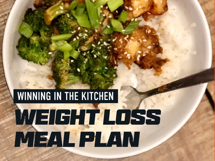 Weight Loss Meal Plan: a bowl of rice, broccoli and sesame chicken