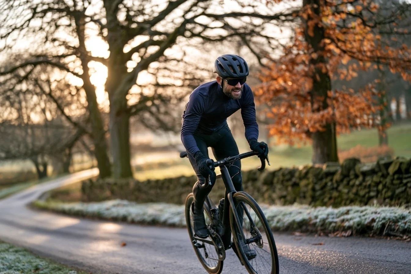 A cyclist in winter kit riding a country lane past frosty verges and a stone wall on an autumn morning