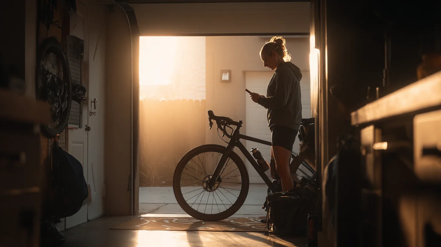 A rider in a garage at sunrise checking her workout on her phone beside her bike