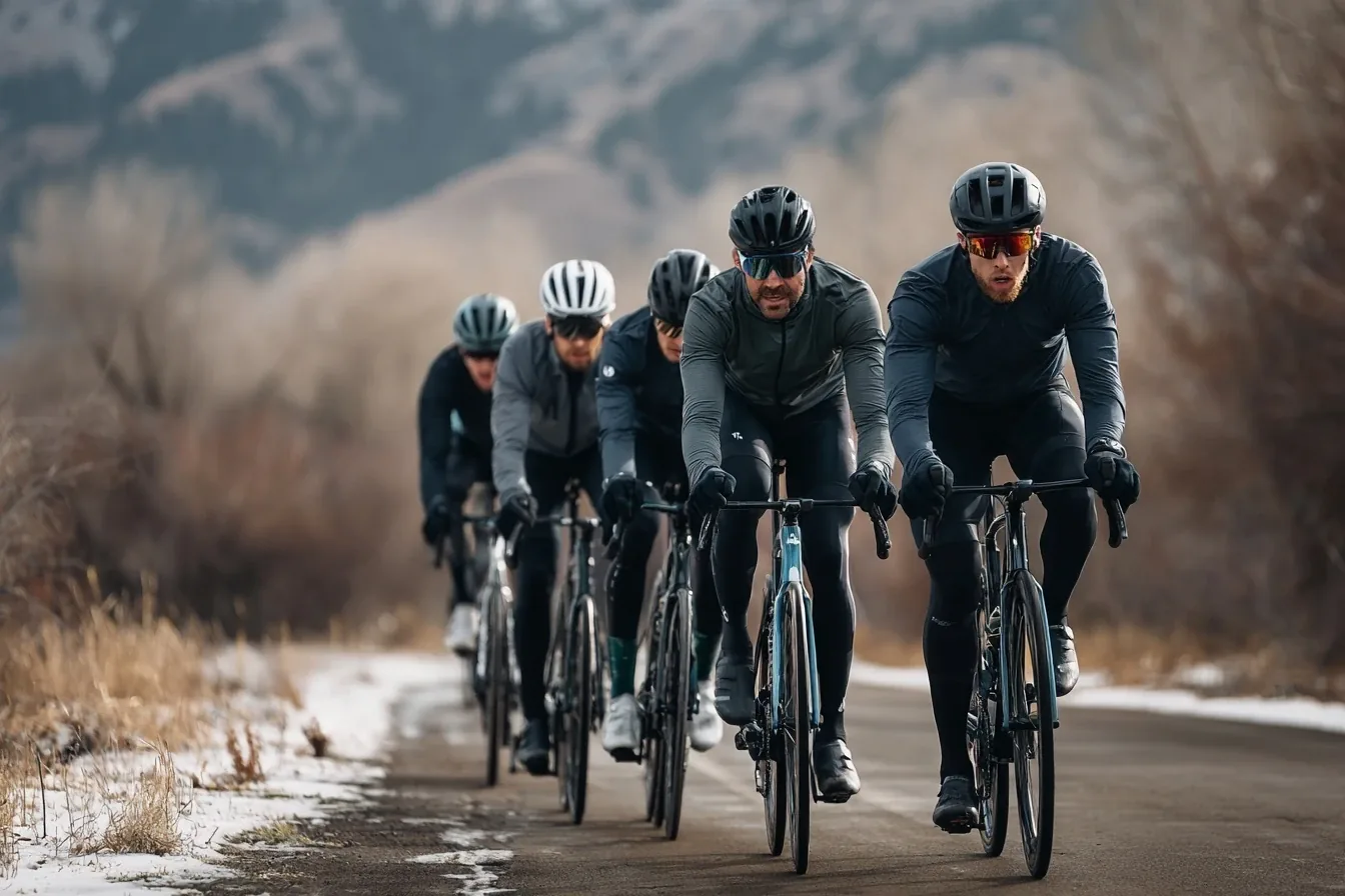 A paceline of five cyclists riding hard on a cold road past snowy verges and dry winter grass