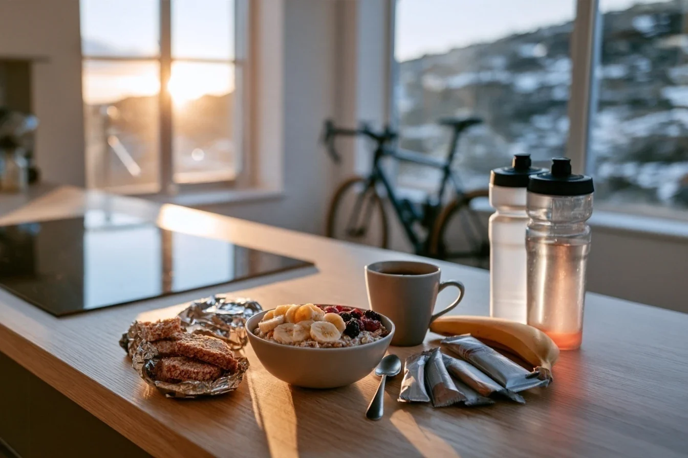 A pre-ride breakfast on a kitchen counter at sunrise: oatmeal with banana and berries, coffee, rice cakes in foil, ride bars and two bottles, with a road bike by the window