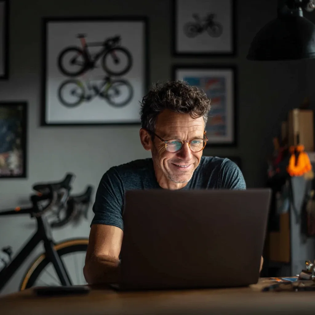 A rider smiling at his laptop at home, planning his winter, with bikes on the wall behind him
