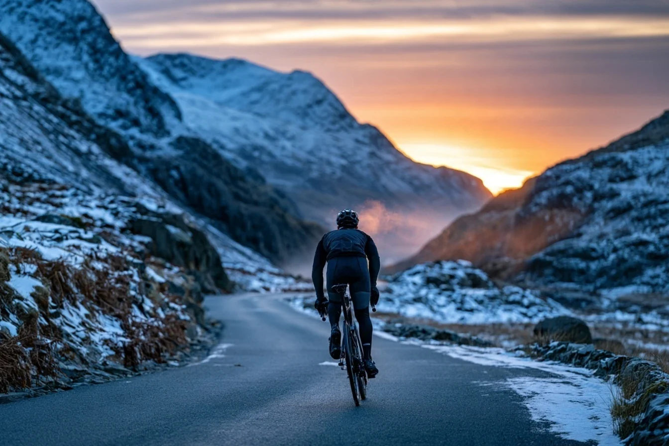 A cyclist in winter kit riding up a mountain road between snowy peaks at sunrise