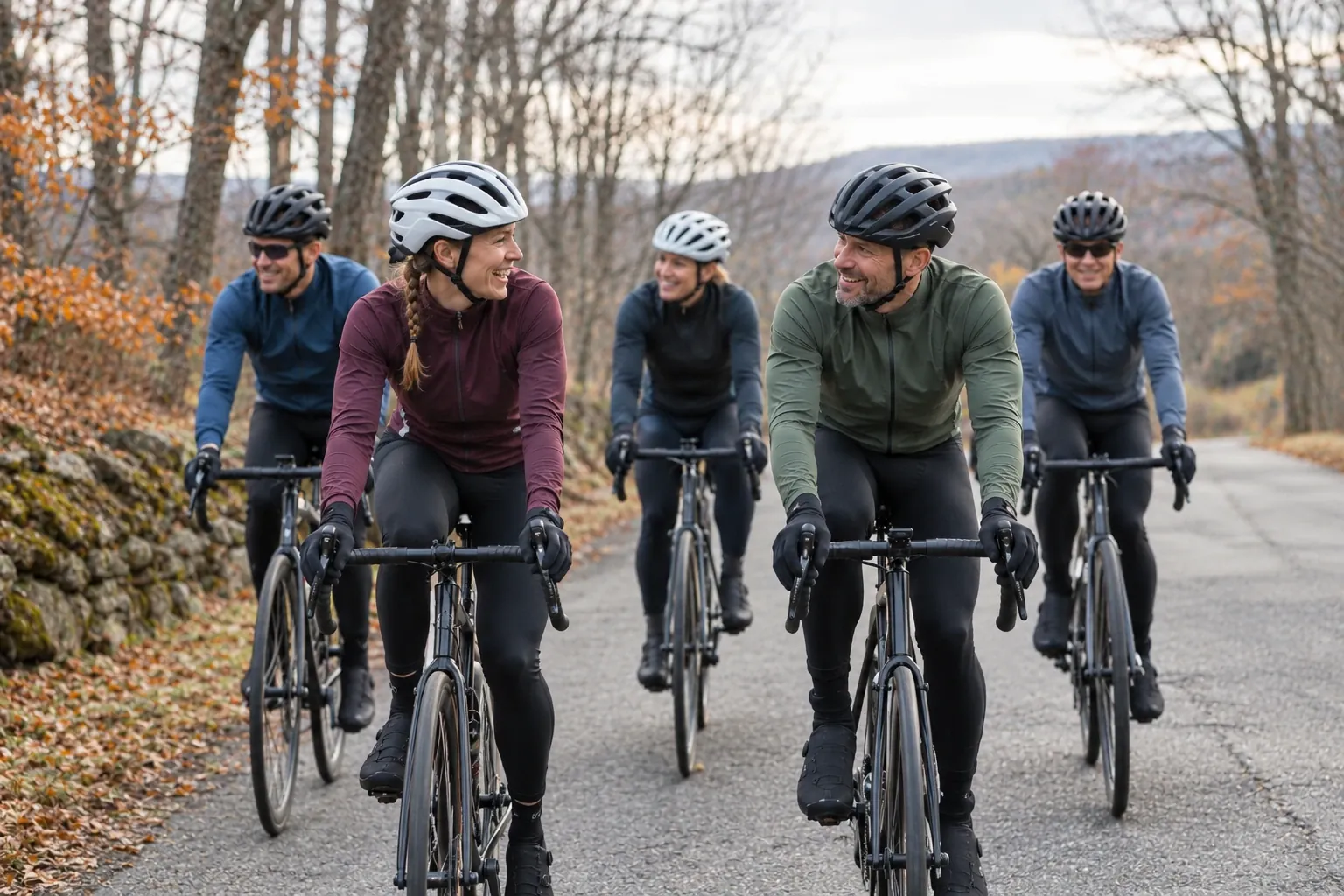 Five friends on an easy winter group ride, chatting two by two on a quiet country road in late autumn