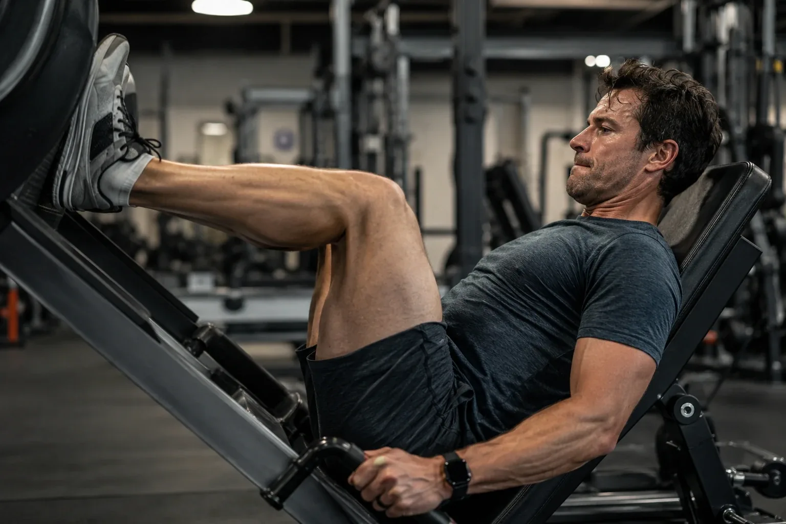 A rider pushing a heavy leg press in the gym