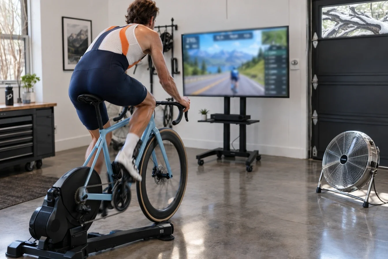 A rider training on an indoor trainer in a bright home garage, with a fan and a TV showing a mountain road