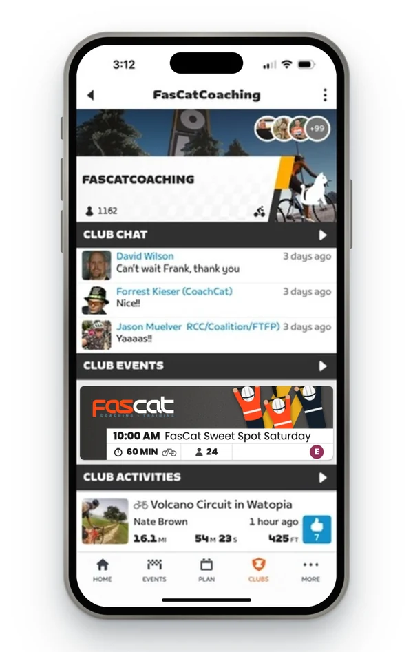 The FasCat Coaching club page in the Zwift Companion app, with club chat, the Sweet Spot Saturday ride at 10:00 AM and recent club rides